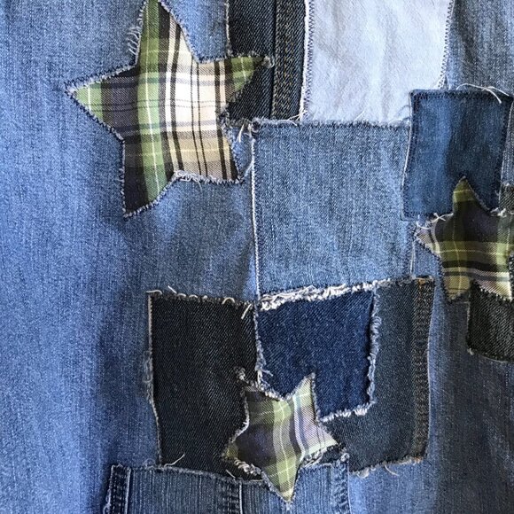 Upcycled Jean Jacket, M: Denim & Flannel Star Patchwork, Waffle Knit Sleeves - Picture 8 of 12